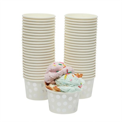 Juvale 50 Pack 8 oz Silver Polka Dots Disposable Paper Ice Cream Sundae Cups Yogurt Bowls Party Supplies