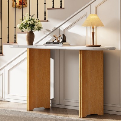 Whisen Narrow Entryway Console Table with Oval Marble Top, Rustic Hallway Accent Table for Entrance and Living Room