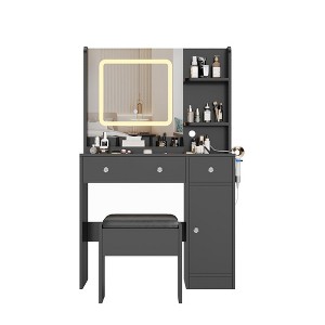 Vanity Desk and Stool with Mirror and Lights，Makeup Vanity with Charging Station, Drawers, Storage Shelves - 1 of 4