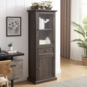 FURNIinspire Utility Storage Cabinets Tall Freestanding Cabinet, Sideboard Cabinet With Glass Door, Shelves, Drawer, Brown, 15.35"*23.62"*64.96" - 1 of 4