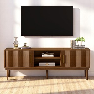 Stylish TV Stand with Vertical Striped Doors, Sliding Door Design,Space-Saving TV Console or Side Cabinet, Solid Wood Legs,Max TV Size 70-79" - 1 of 4