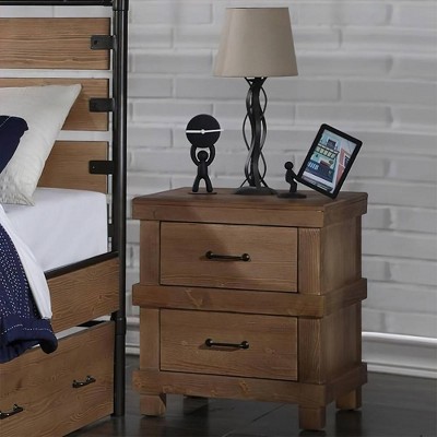 Antique Oak Two Drawer Nightstand with Metal Handles