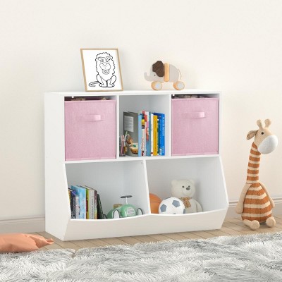 KTMBDW Kids Bookcase with Collapsible Fabric Drawers, Children's Toy Storage Cabinet for Playroom, Bedroom, Nursery, School, White/Pink