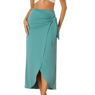 Allegra K Women's Boho High Waisted Long Summer Beach Maxi Wrap Skirts with  Slit Blue Green Medium