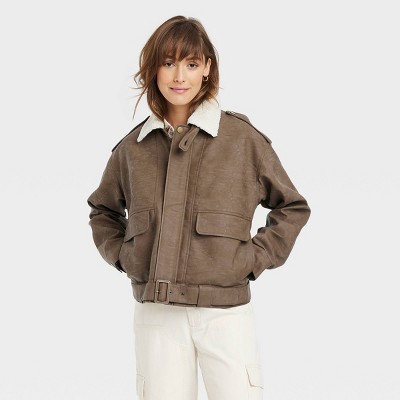 Women&#39;s Faux Leather Bomber Jacket - Universal Thread&#8482; Brown XS