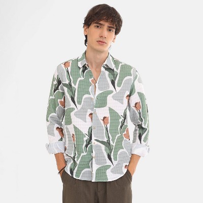 Campus Sutra Men Men's Pistachio Green & Ash Grey Abstract Tulip Shirt