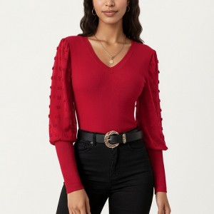 Anna-Kaci Women's Long Sleeve V-Neck Knit Top with Sheer Textured Balloon Sleeves - 1 of 4