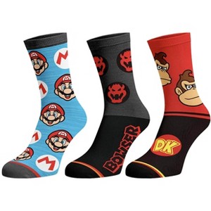 Nintendo Super Mario Men's Bowser Donkey Kong Mario 3-Pack Adult Crew Socks - 1 of 4