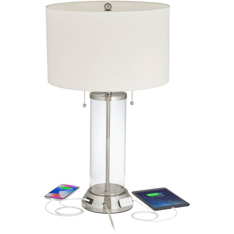 Possini Euro Design Fritz Modern Table Lamp 26 1/2" High Silver Clear Glass Column with USB and AC Power Outlet in Base Drum Shade for Bedroom Desk, 3 of 10