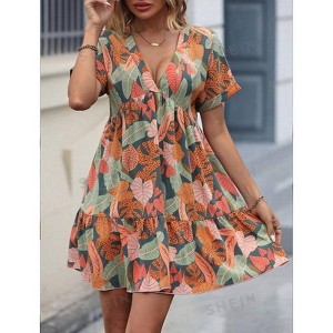 Coolmee Women's Boho Floral Dress Wrap V Neck Short Sleeve Ruffle Hem A Line Mini Dress - 1 of 4