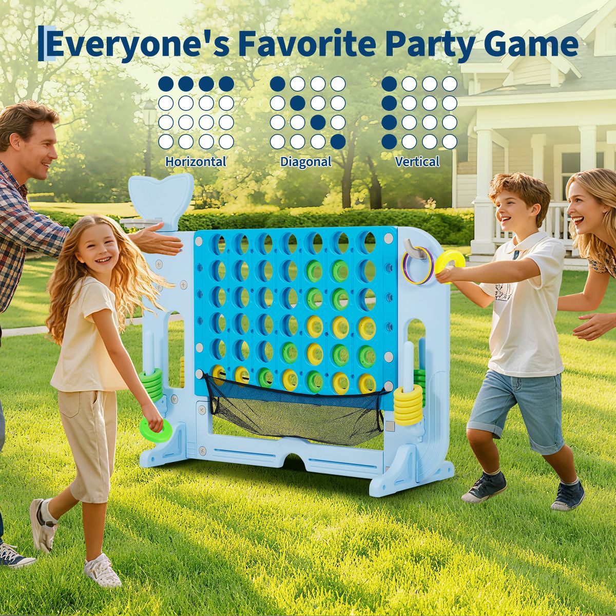 Giant 4-to-Score Game Set, Jumbo 4-in-a-Row Game with Height Adjustable Stand, 4-in-1 Play Design w/Basketball Golf Ring Toss for Kids Adults