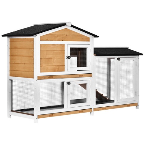 PawHut Wooden Indoor Elevated Rabbit Hutch w/ Enclosed Run and Wheel - Grey