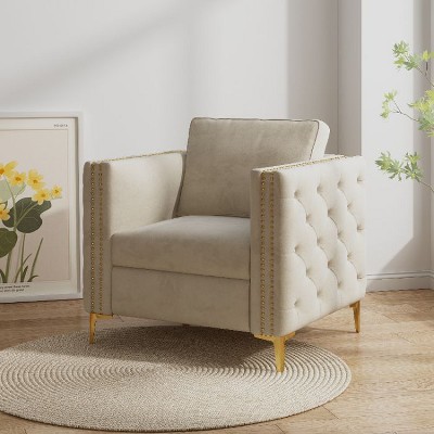 CAVINAS Velvet Upholstered Accent Chair with Rivet Trim and Metal Legs, Button Tufted Armchair for Living Room and Bedroom