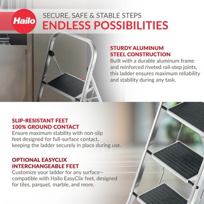 Hailo 3-Step Aluminum Folding Ladder with Non-Slip Black Steps
