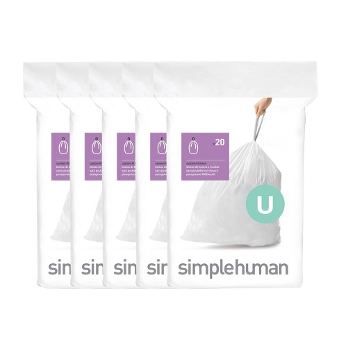 simplehuman Code J Drawstring Custom Fit Trash Can Liners, 20-pk, White,  40-L