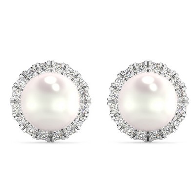 Pompeii3 6mm Pearl & Diamond Halo Studs Women's 14k Gold Earrings Lab Created