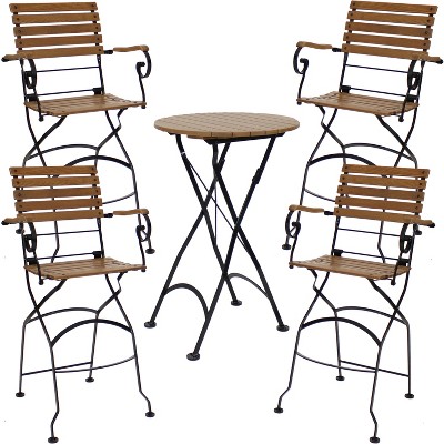 Sunnydaze Indoor/Outdoor Deluxe European Chestnut Wood Folding Table and Bar Chairs Set - Brown  - 5pc