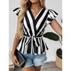 Women's Striped Ruffle Sleeve Blouse V-Neck Tie Waist Peplum Top, Black, L - 2 of 3