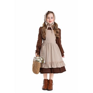 Girls Pioneer Costume Sets Colonial Village Girl 3 Piece Sets Costume Kerchief,Apron,Peter Pan Collar Dress Sets #N/A Themed Party Outfits - 1 of 4
