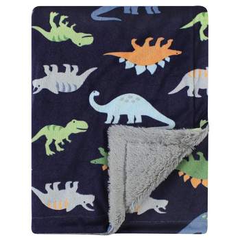 Hudson Baby Infant Boy Plush Blanket with Furry Binding and Back, Dinosaurs, One Size