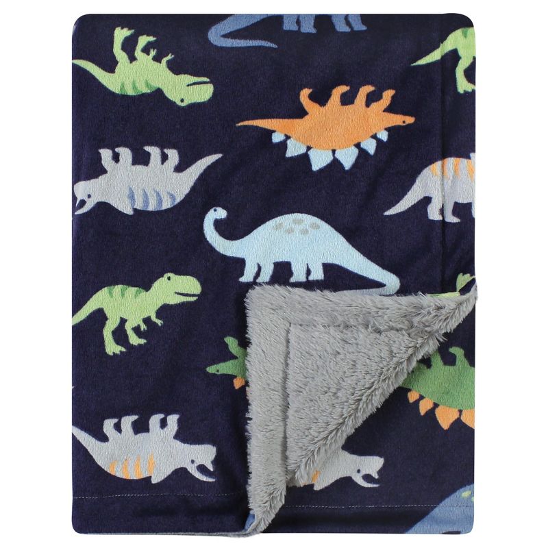 Hudson Baby Infant Boy Plush Blanket with Furry Binding and Back, Dinosaurs, One Size, 1 of 3