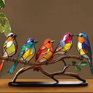 Modern Colorful Birds Ornament, Acrylic Tabletop Bird Figurine, Stained Birds On Branch Decor for Living Room, Bedroom, Desktop, Cabinets, Garden - 1 of 4