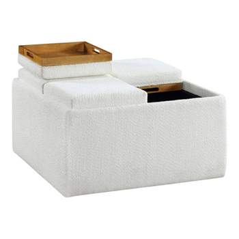 HOMES: Inside + Out 32" Leafwarden Square Boucle Upholstered Mobile Storage Ottoman with Removable Trays White/Light Oak