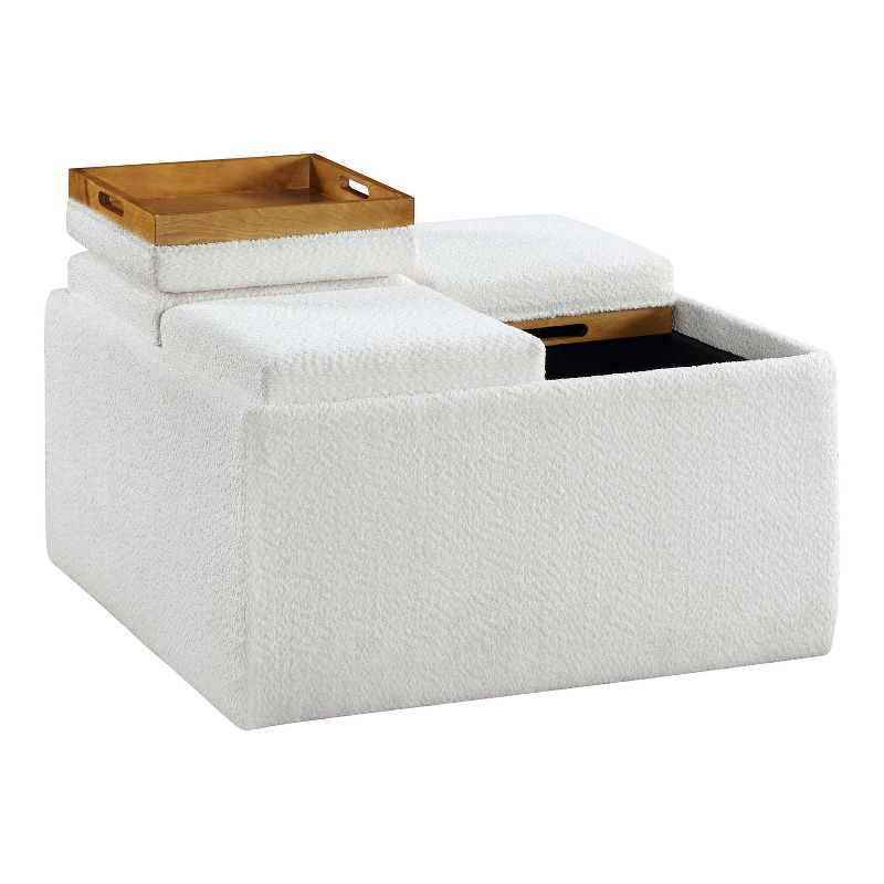 HOMES: Inside + Out 32&#34; Leafwarden Square Boucle Upholstered Mobile Storage Ottoman with Removable Trays White/Light Oak, 1 of 15