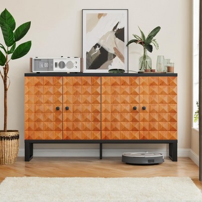 Okak Sideboard Cabinet, Buffet Cabinet With 4 Stylish Geometric Design Doors, Storage Cabinet for Living Room, Office, Kitchen, Hallway, orange-yellow