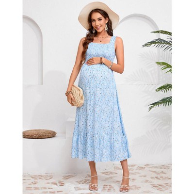 Women's Maternity Dress Boho Spaghetti Strap Square Neck Dress Floral Casual Ruffle Nursing Maxi Dress Baby Shower