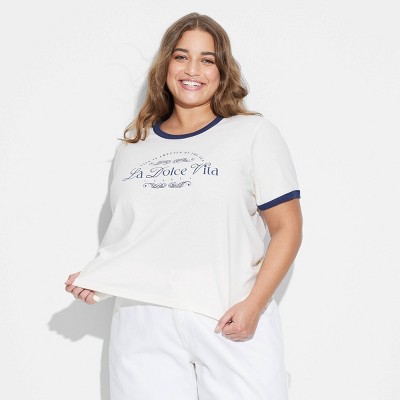 Women's La Dolce Vita Short Sleeve Graphic Ringer T-Shirt - White