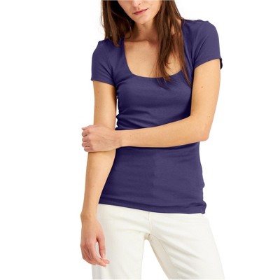 I.N.C International Concepts Womens Ribbed Basic T-Shirt, Purple, Large