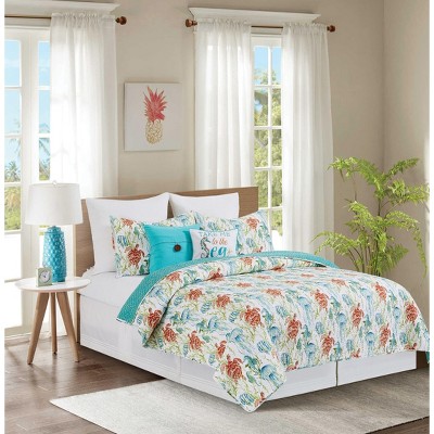 Blue Cotton Twin Reversible Coastal Quilt Set