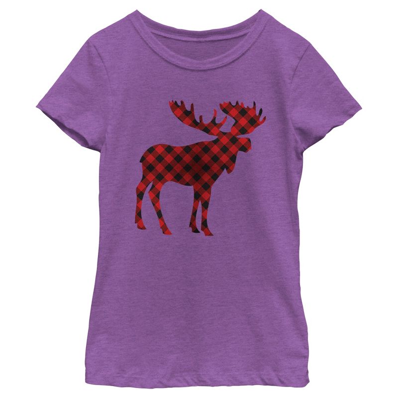 Girl's Lost Gods Christmas Plaid Moose T-Shirt, 1 of 5