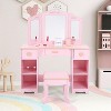 Girls Vanity Table and Chair Set, Kids Vanity Makeup Desk for Little Girl, Wooden Toddlers Princess Dressing Table with 3 Drawers, Pink - 3 of 4