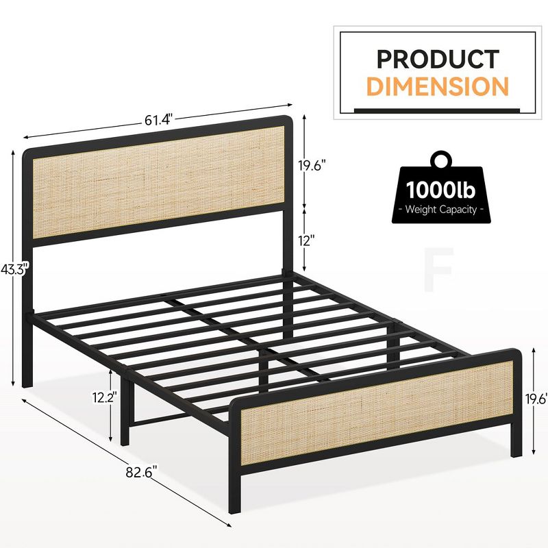 Full Queen Size Bed Frame with Rattan Headboard and Footboard, Platform Bed Frame with Strong Metal Slats Support, Mattress Foundation, White Oak, 2 of 9