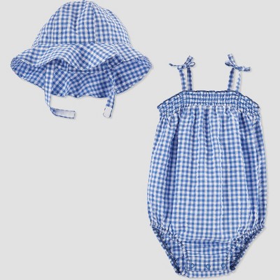 Image of Baby Girls' Gingham Bubble Romper with Hat - Just One You® made by carter's Blue Newborn
