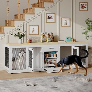 90 Inch Large Dog Crate Furniture, Double Dog Crate with Feeding Station & Storage, Heavy Duty Dog Kennel Furniture for 2 Dogs - 1 of 4