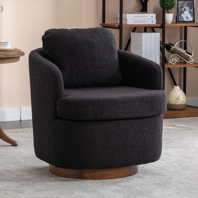 Boucle Swivel Accent Armchair Barrel Chair,360 Degrees Swivel Rocking Accent Leisure Chair With Soild Wood Round Brown Base Leg-Maison Boucle‎, 1 of 11