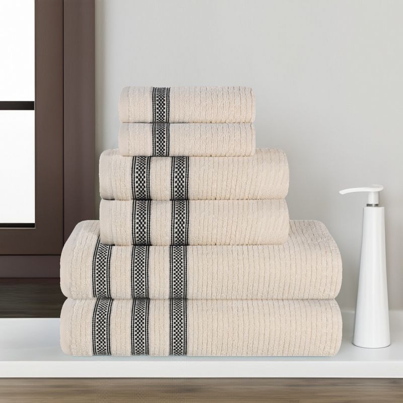Zero Twist Cotton Ribbed Modern Geometric Border Assorted 6 Piece Bathroom Towel Set by Blue Nile Mills, 2 of 9