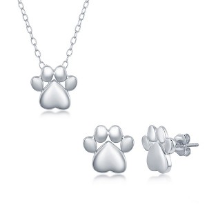 Bella Silver Sterling Silver High Polish Paw Print 18" Pendant Necklace and Earrings Set - 1 of 4