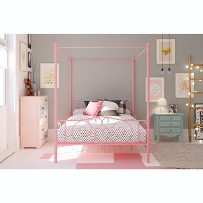 Full Pink Metal Canopy Princess Bed with Drawer