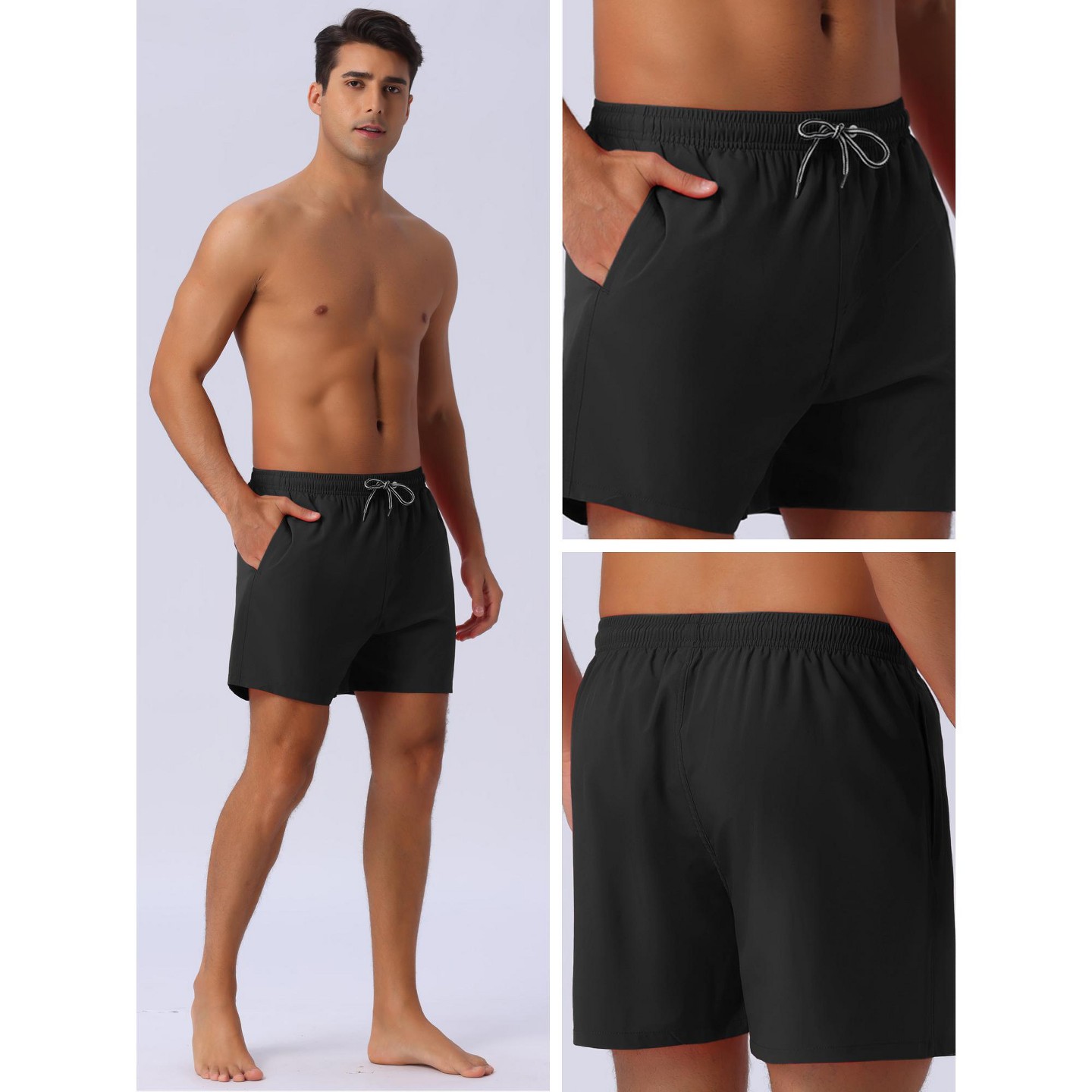 INSPIRE CHIC Men's Drawstring Waist Side Pockets Mesh Lining Beach Swim Trunks Black 32, цвет: Чёрный — фото 5