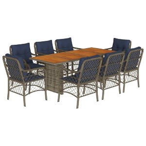 vidaXL 9-Piece Outdoor Patio Dining Set in Gray with Navy Cushions, PE Rattan and Acacia Table Top, Weather-Resistant Garden and Deck Furniture - 1 of 4