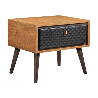 Coco Single Drawer Nightstand Rustic Oak/Brown - Armen Living: Faux Leather Detail, Bedroom Storage
