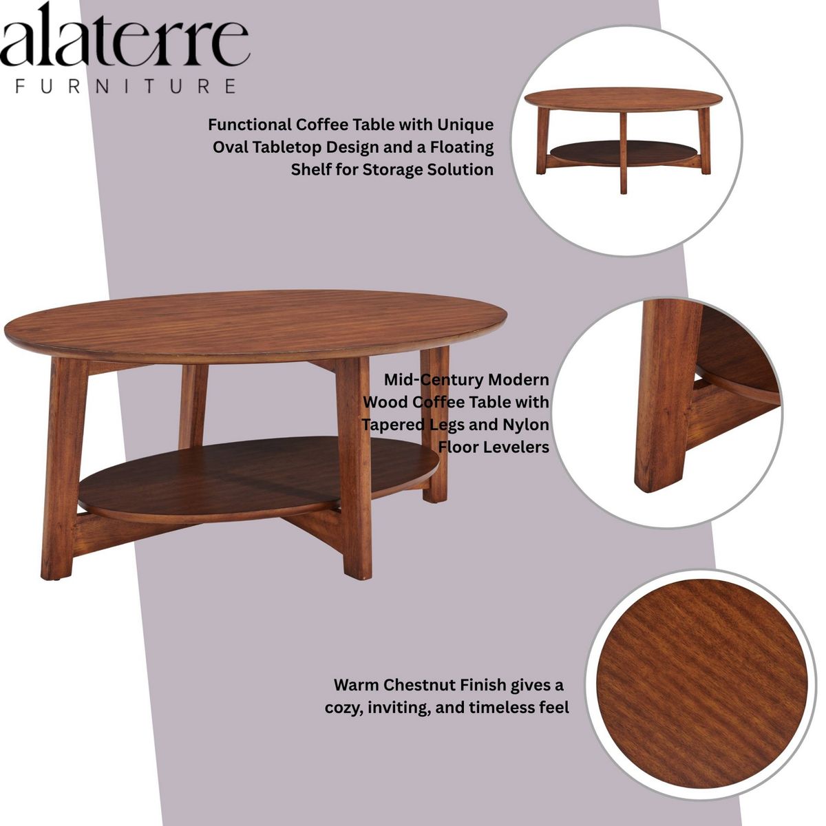 Monterey Oval Mid Century Modern Wood Coffee Table Chestnut: Tapered Legs, Floating Shelf - Alaterre Furniture - thumbnail 3
