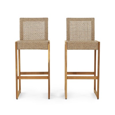 Christopher Knight Home Elon Outdoor Wicker and Acacia Wood 30.5 Inch Barstools (Set of 2), Light Multibrown and Teak