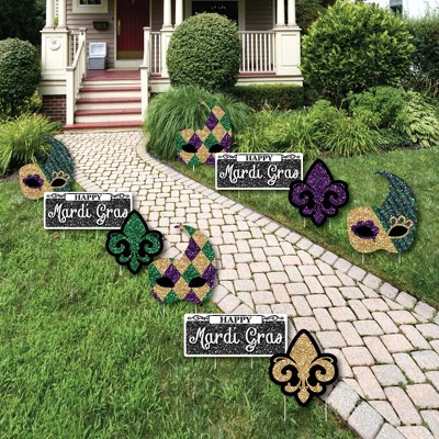 Big Dot of Happiness Mardi Gras - Mask and Fleur De Lis Lawn Decorations - Outdoor Masquerade Party Yard Decorations - 10 Piece