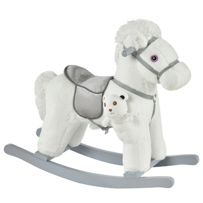 Qaba Kids Plush Ride-On Rocking Horse with Bear Toy, Children Chair with Soft Plush Toy & Fun Realistic Sounds