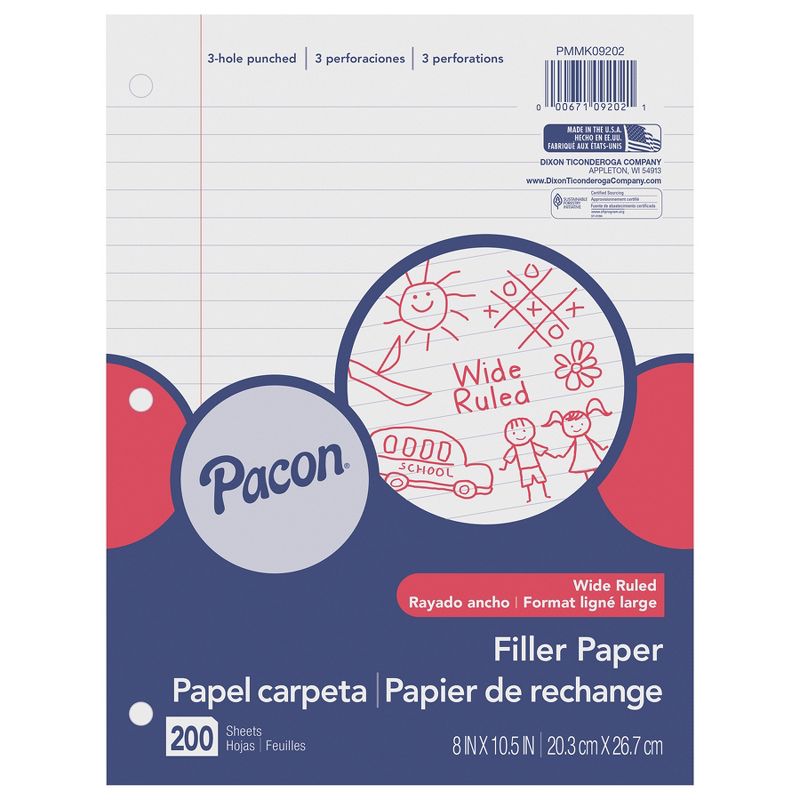 Pacon® Filler Paper, White, 3-Hole Punched, Red Margin, 3/8" Ruled, 8" x 10.5", 200 Sheets Per Pack, 3 Packs, 2 of 4